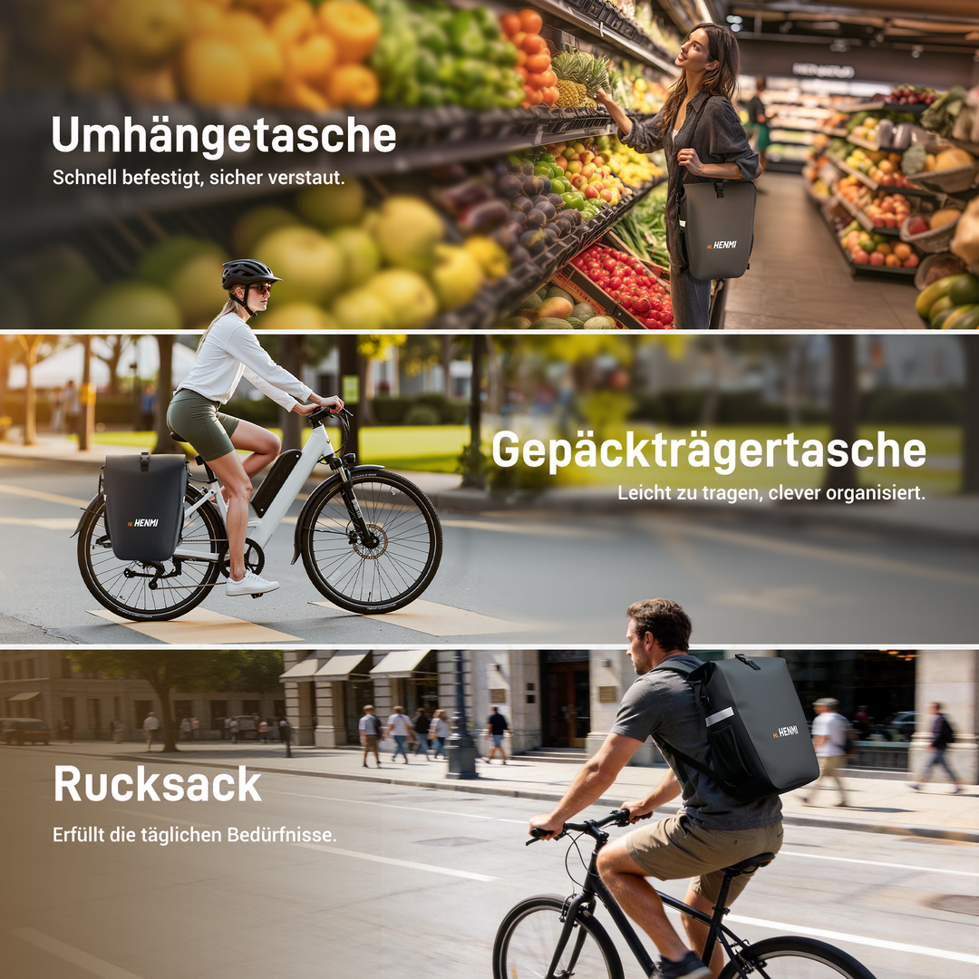 HENMI 3-in-1 Fahrradtasche – Eine Tasche, drei Leben.