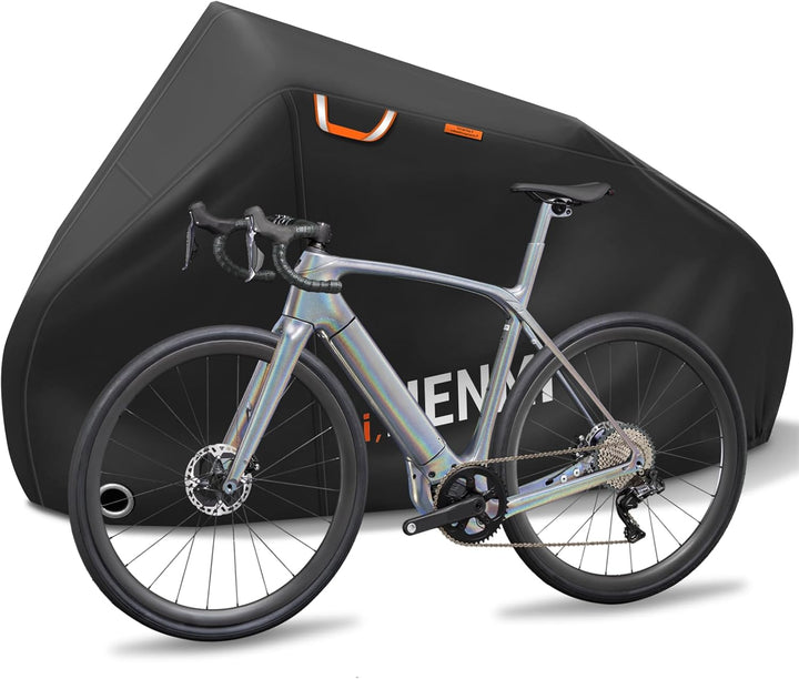 HENMI Fahrradabdeckung Wasserdicht 420D, Fahrradgarage Wetterfest mit Aufbewahrungstasche, UV-Schutz, Reißfest, Schlossösen Fahrradplane für E-bike, Holzpferd, Roller Motorroller (210x110x70 cm)