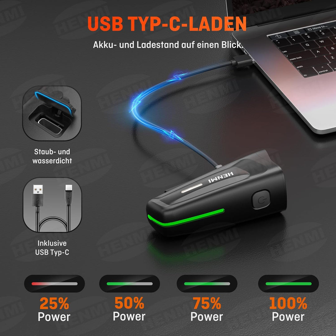 HENMI LED Fahrradlicht Vorne, StVZO Zugelassen Fahrradlampe Vorne, USB Aufladbar Fahrradbeleuchtung mit Batterie Aufforderung Schwach und 2/3 Beleuchtungsmodi,IPX5 Wasserdicht und Keine Blendu