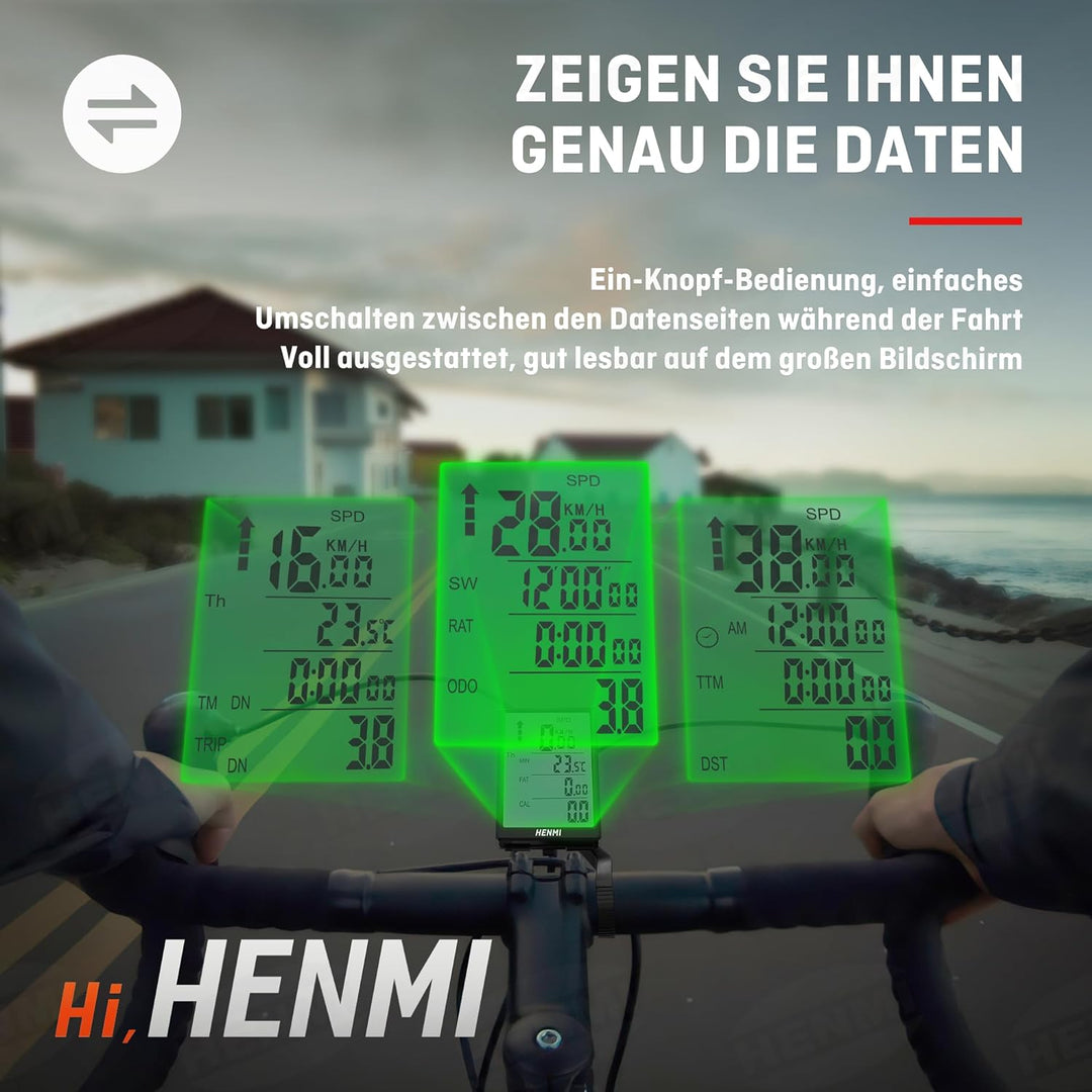 HENMI Fahrradcomputer Kabellos, 3,2 Zoll Multifunktion Fahrradtacho Ka