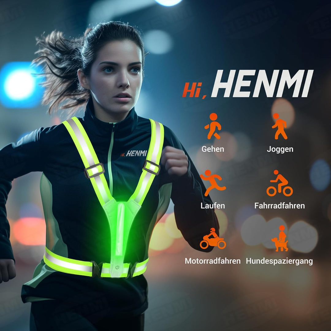 HENMI LED Warnweste Fahrrad,Reflektoren Laufweste,Verstellbarer Elastische LED Leuchtweste für Radfahren oder Wandern Joggen Laufen Running