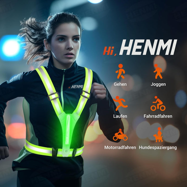 HENMI LED Warnweste Fahrrad,Reflektoren Laufweste,Verstellbarer Elastische LED Leuchtweste für Radfahren oder Wandern Joggen Laufen Running