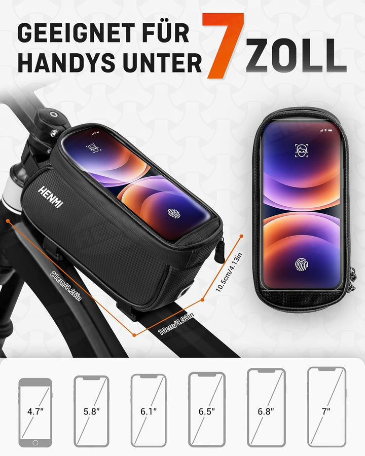HENMI Rahmentasche Fahrrad, Oberrohrtasche Rennrad 1,2L Wasserdicht Handytasche Fahrrad bis zu 7 Zoll für Ebike, Gravelbike, Rennrad, MTB