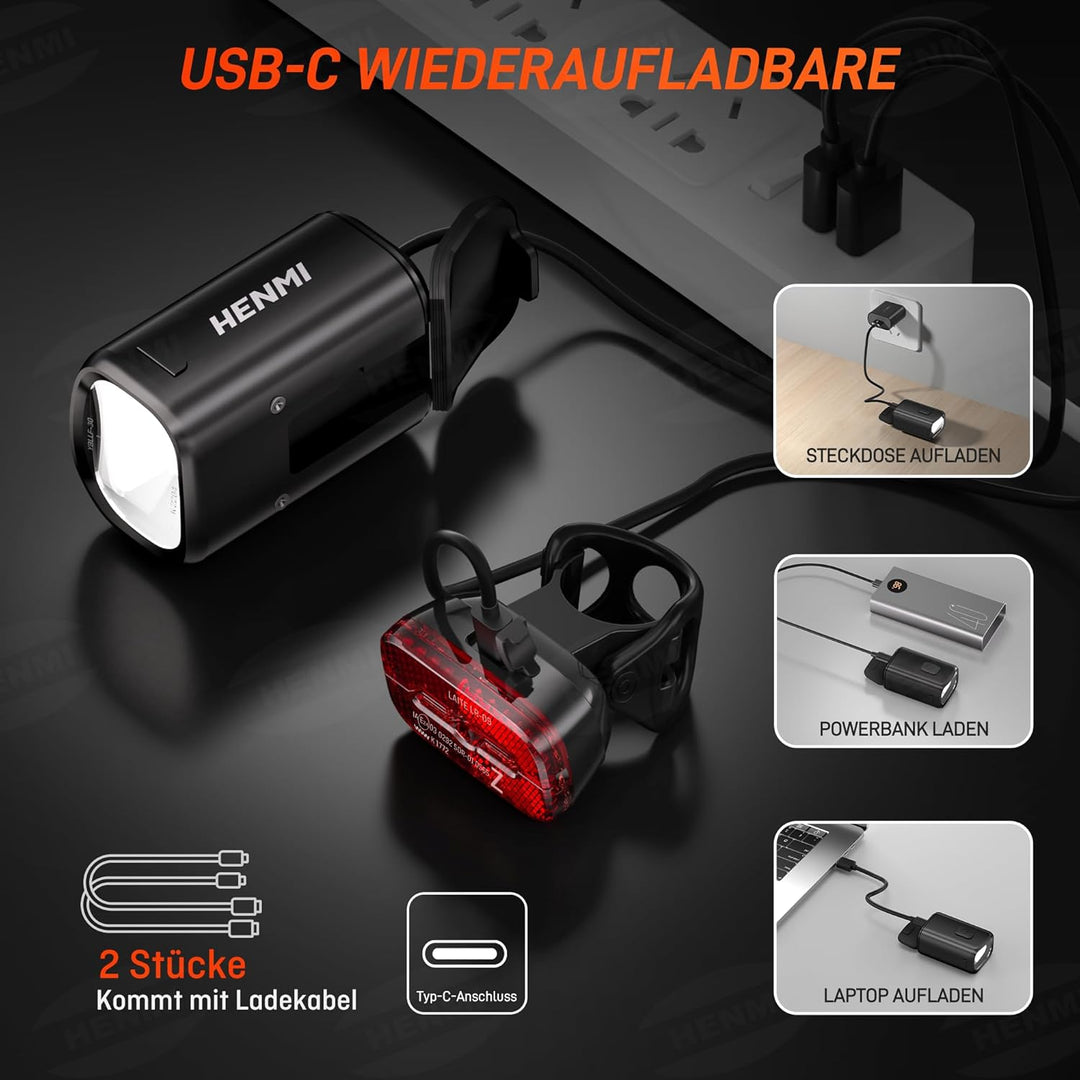 HENMI LED Fahrradleuchten Set, USB Aufladbar Fahrradlicht LED Set,Stvzo Zugelassen Fahrradlicht Vorne und Rücklicht Fahrrad,IPX5 Wasserdicht