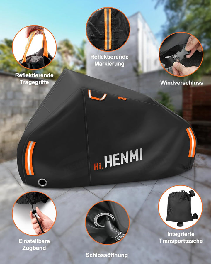 HENMI Fahrradschutzhülle für Heckträger, 420D Oxford-Gewebe Fahrradabdeckung Wasserdicht mit 3m Seil, UV-Schutz, Reißfest Fahrradhülle für Ebike, Fahrrad Transportschutz (210x110x70 cm)