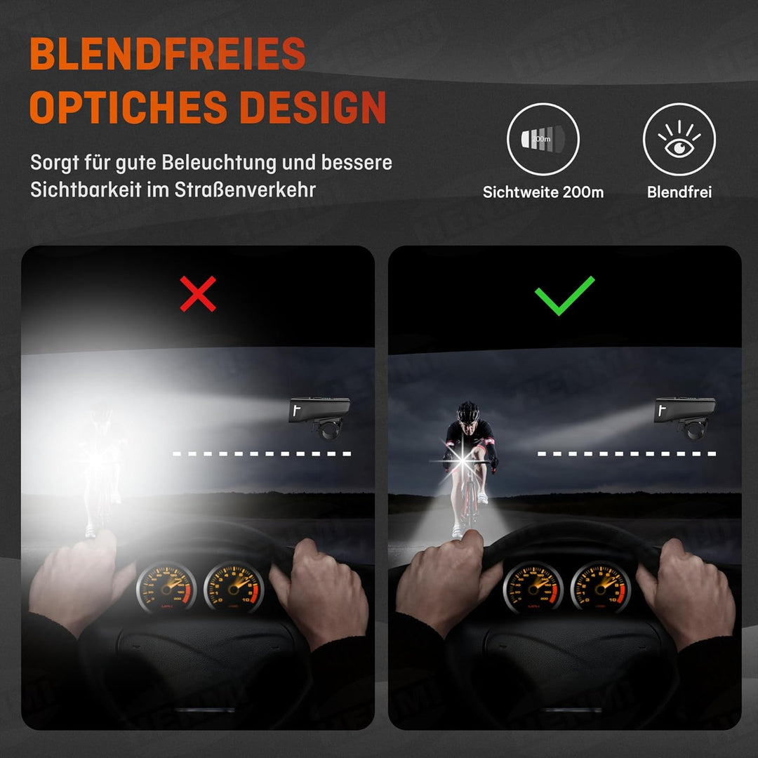 HENMI Led Fahrradlicht Vorne Akku 60/15 LUX, StVZO Zugelassen Fahrradlampe Vorne Aufladbar mit Akkuwarnungsfunktion, IPX5 Wasserdicht Fahrrad licht mit USB C Fahrradbeleuchtung