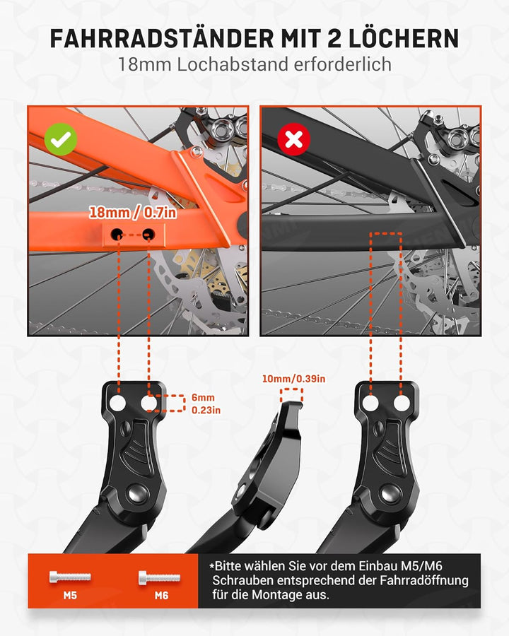 HENMI Fahrradständer 24-29 Zoll,Fahrradständer mit 2 Löchern,Stabil Seitenständer,Konzipiert für E-Bike und MTB,40mm Loch für M6 Schrauben,18mm Loch für M5/M6 Schrauben geeignet
