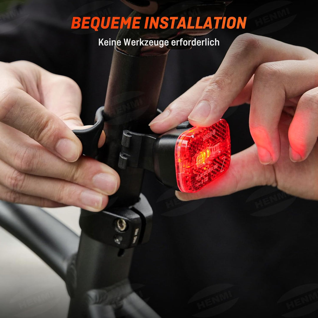 HENMI LED Rücklicht Fahrrad, IPX5 Wasserdicht Fahrrad Reflektor Hinten USB-C Aufladbar, StVZO zugelassen Fahrrad rücklicht mit bremslichtt für MTB, E-Bike, Rennrad
