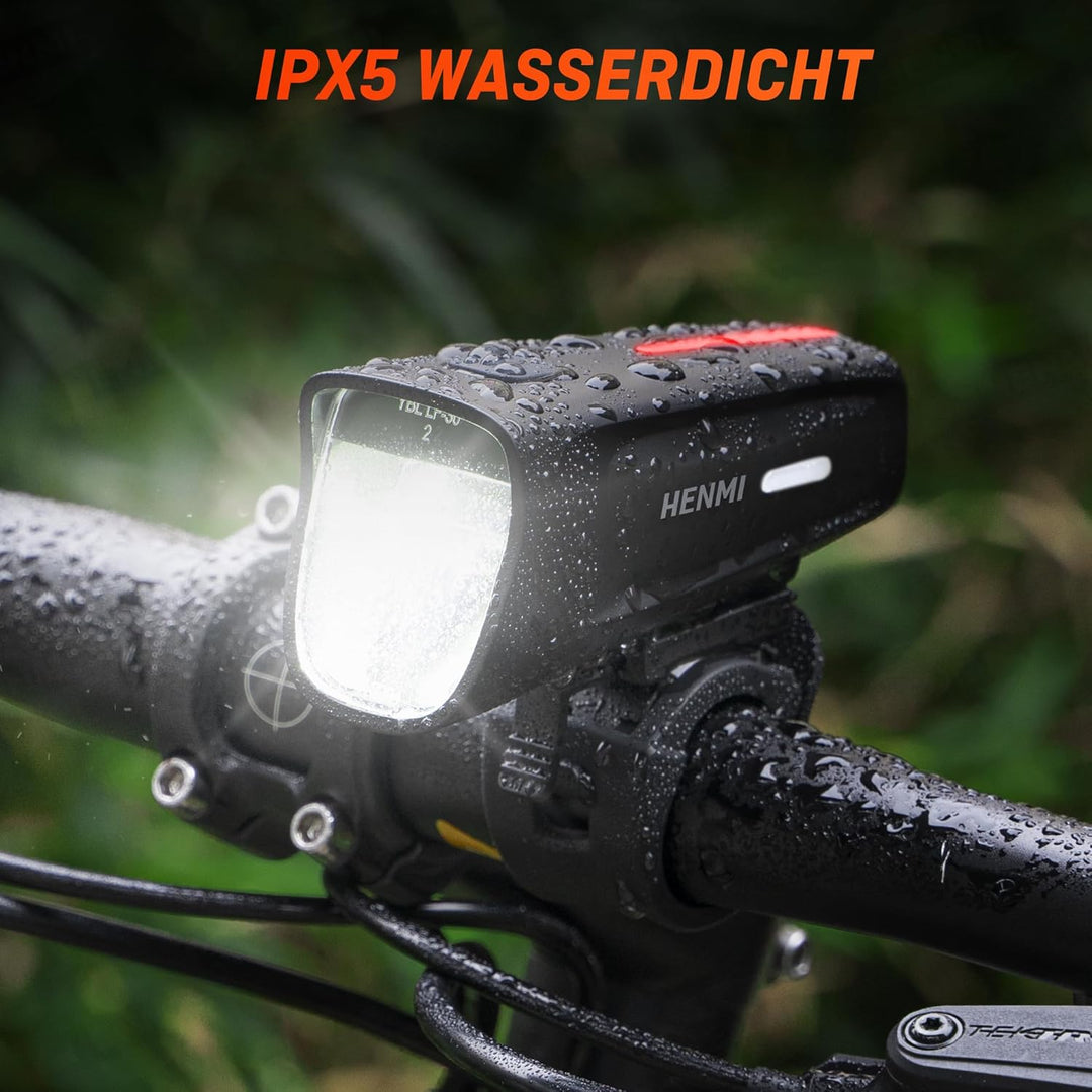 HENMI LED Fahrradlicht Vorne 100 LUX,Fahrradbeleuchtung stvzo zugelassen,Fahrradlampe USB Aufladbar mit Batterie Aufforderung schwach und 3 Leuchtmodi,IPX5 Wasserdicht und Blendfreies Design