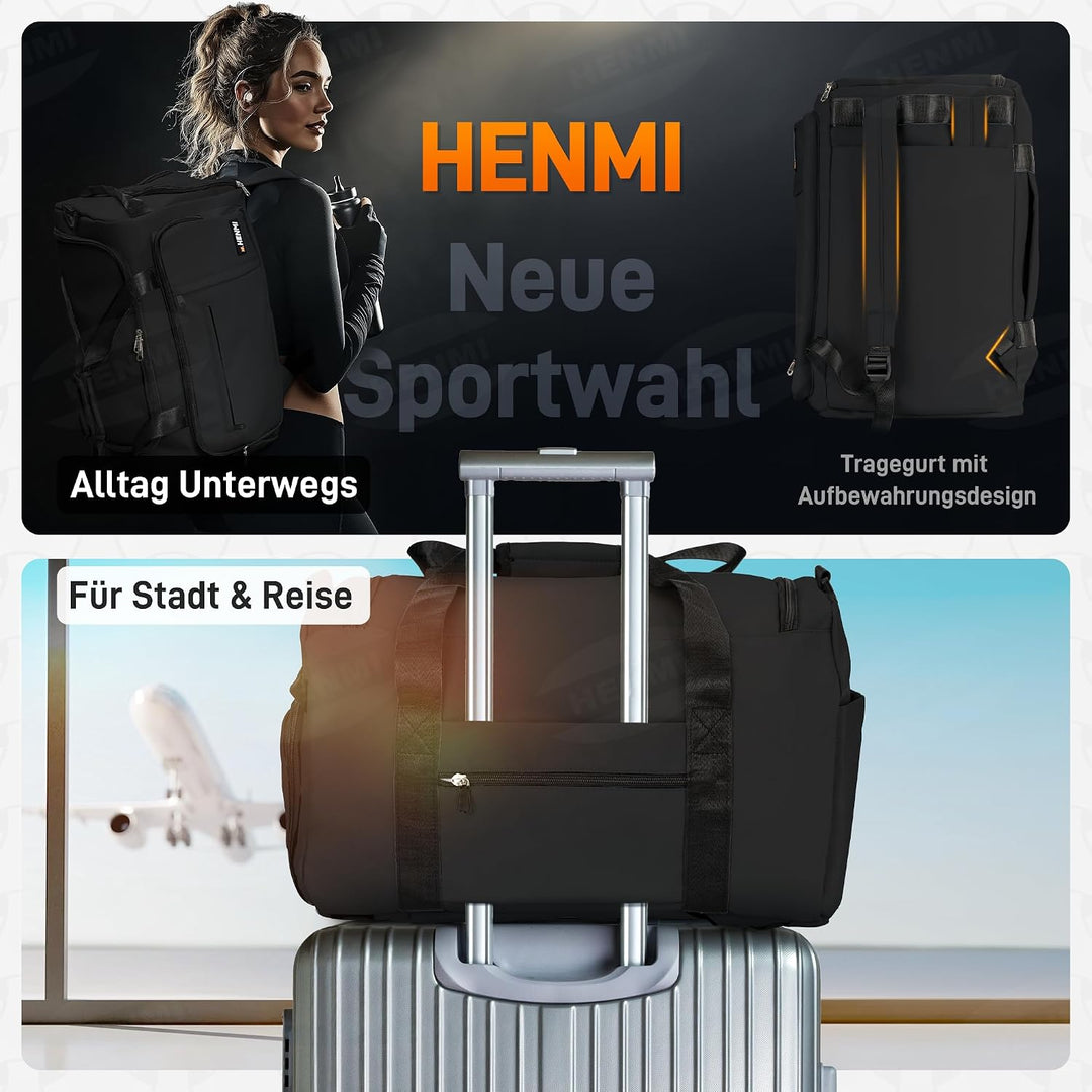 HENMI 43L Sporttasche & Reisetasche für Herren und Damen Groß gymbag mit Schuhfach & Nassfach, Faltbare Gym Tasche für Sport und Travel.Sport Tasche, Fitness Rucksack Trainingstasche