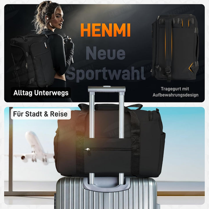 HENMI 43L Sporttasche & Reisetasche für Herren und Damen Groß gymbag mit Schuhfach & Nassfach, Faltbare Gym Tasche für Sport und Travel.Sport Tasche, Fitness Rucksack Trainingstasche