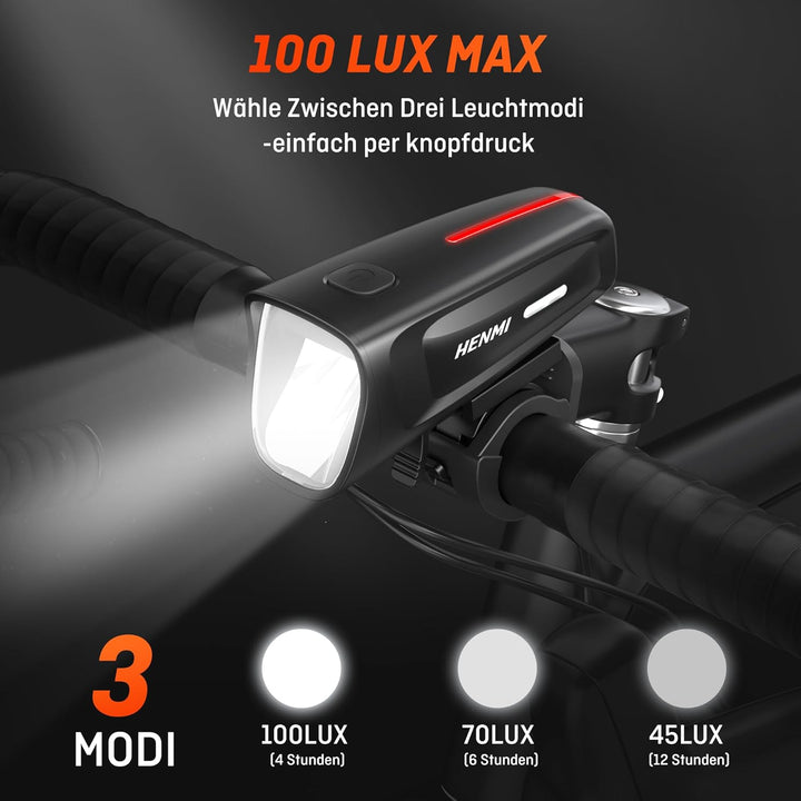 HENMI LED Fahrradlicht Vorne 100 LUX,Fahrradbeleuchtung stvzo zugelassen,Fahrradlampe USB Aufladbar mit Batterie Aufforderung schwach und 3 Leuchtmodi,IPX5 Wasserdicht und Blendfreies Design