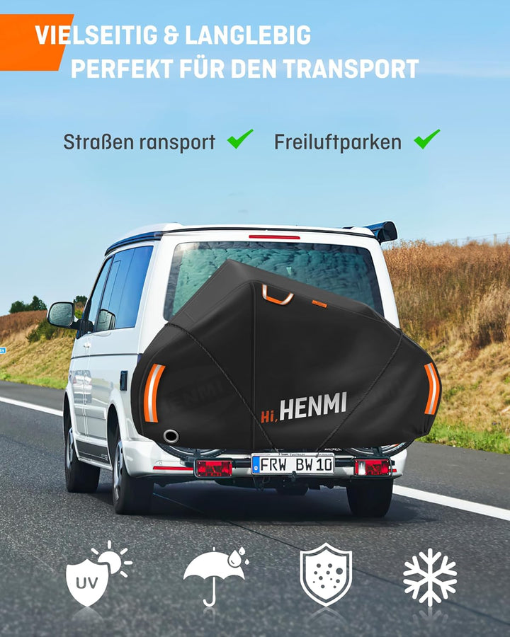 HENMI Fahrradschutzhülle für Heckträger, 420D Oxford-Gewebe Fahrradabdeckung Wasserdicht mit 3m Seil, UV-Schutz, Reißfest Fahrradhülle für Ebike, Fahrrad Transportschutz (210x110x70 cm)