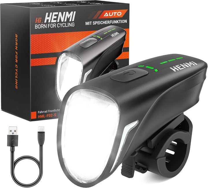 HENMI Fahrradlicht Vorne Upgrade-mit Speicherfunktion , StVZO Zugelassen Auto Fahrradlampe Vorne,USB Aufladbar Fahrrad licht Fahrradbeleuchtung 100 Lux mit 4 Beleuchtungsmodi,IPX5 Wasserdicht