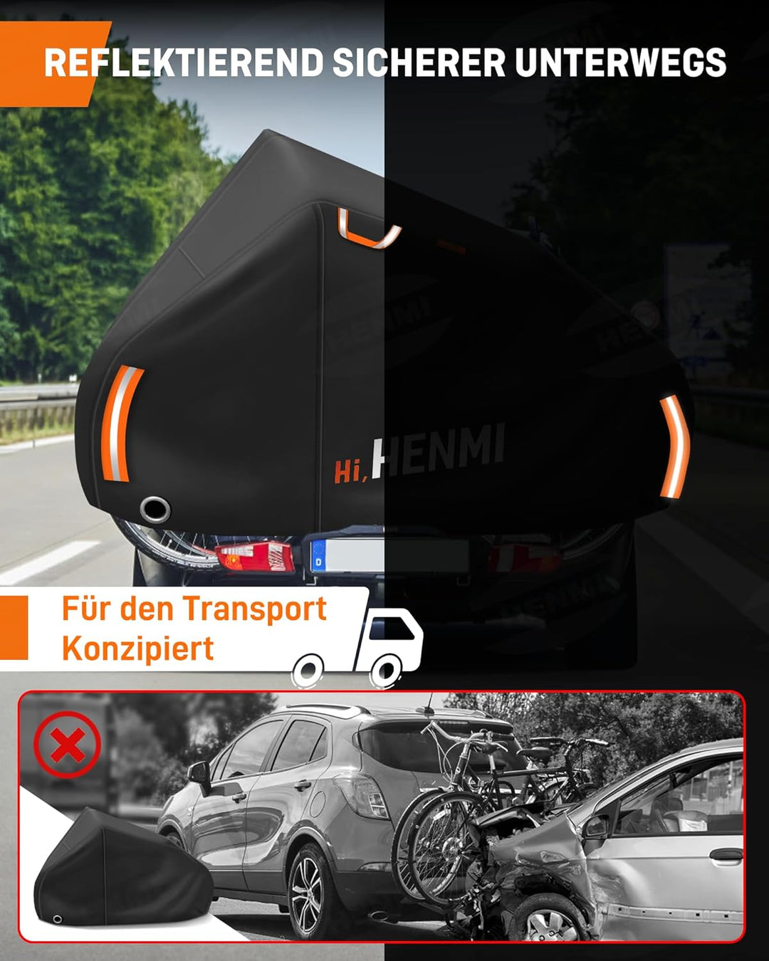 HENMI Fahrradschutzhülle für Heckträger, 420D Oxford-Gewebe Fahrradabdeckung Wasserdicht mit 3m Seil, UV-Schutz, Reißfest Fahrradhülle für Ebike, Fahrrad Transportschutz (210x110x70 cm)