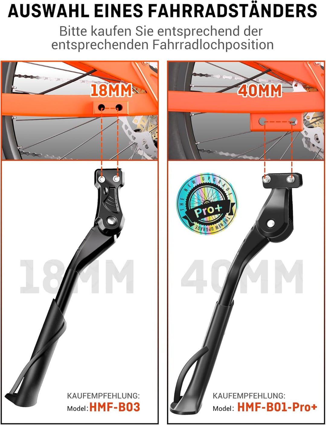 HENMI Fahrradständer 24-29 Zoll Pro+, Fahrradständer mit 4 Löchern, 20mm oder 40mm Lochabstand, M5 Schraube Schraubenöffnung 5mm, Stabil Seitenständer für E-Bike, MTB