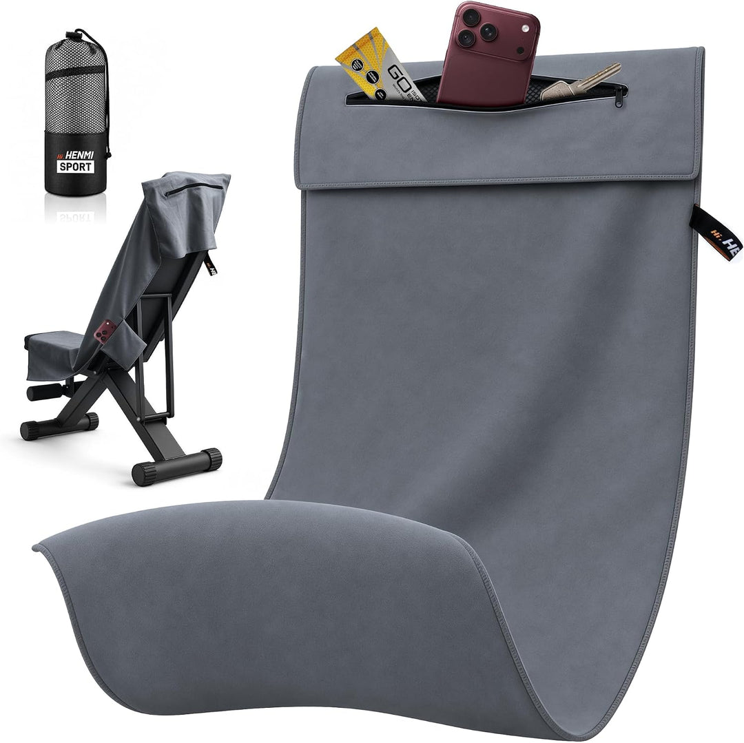 HENMI Fitness Handtuch Mikrofaser 131*50 cm Kompakt & schnelltrocknend, Reißverschluss, Seitentaschen, atmungsaktiver Netzbeutel – ideal fürs Fitnessstudio