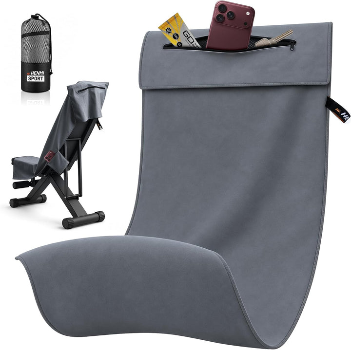 HENMI Fitness Handtuch Mikrofaser 131*50 cm Kompakt & schnelltrocknend, Reißverschluss, Seitentaschen, atmungsaktiver Netzbeutel – ideal fürs Fitnessstudio