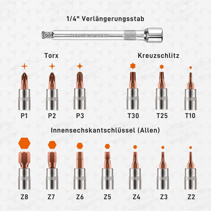 HENMI Drehmomentschlüssel Fahrrad 2-24 Nm, Drehmomentschlüssel 1/4 Zoll für Fahrrad & Motorrad, Torque Wrench Set mit 72 Zähne Ratsche, ±3% Fehlergenauigkeit, Inklusive 13 Bits & Verlängerungsstange
