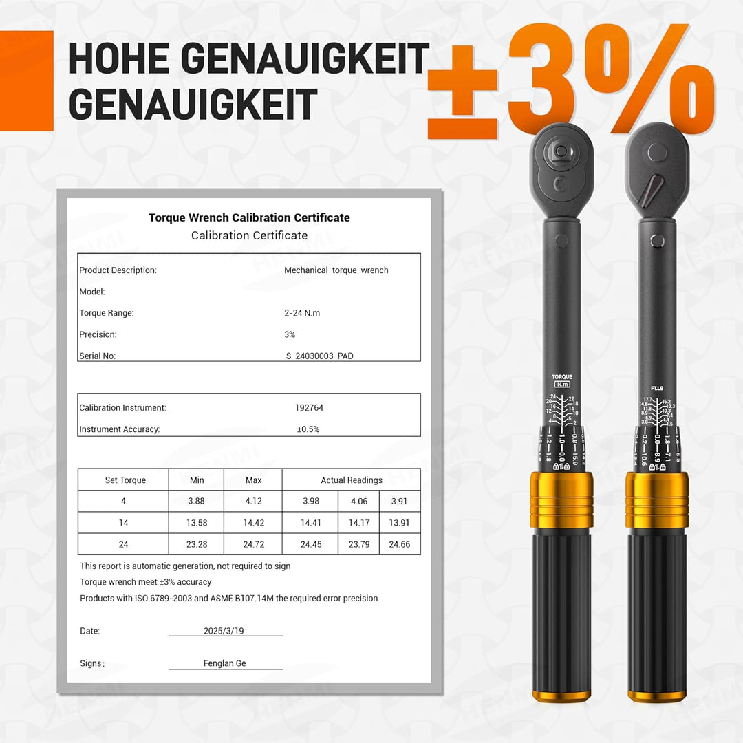 HENMI Drehmomentschlüssel Fahrrad 2-24 Nm, Drehmomentschlüssel 1/4 Zoll für Fahrrad & Motorrad, Torque Wrench Set mit 72 Zähne Ratsche, ±3% Fehlergenauigkeit, Inklusive 13 Bits & Verlängerungsstange