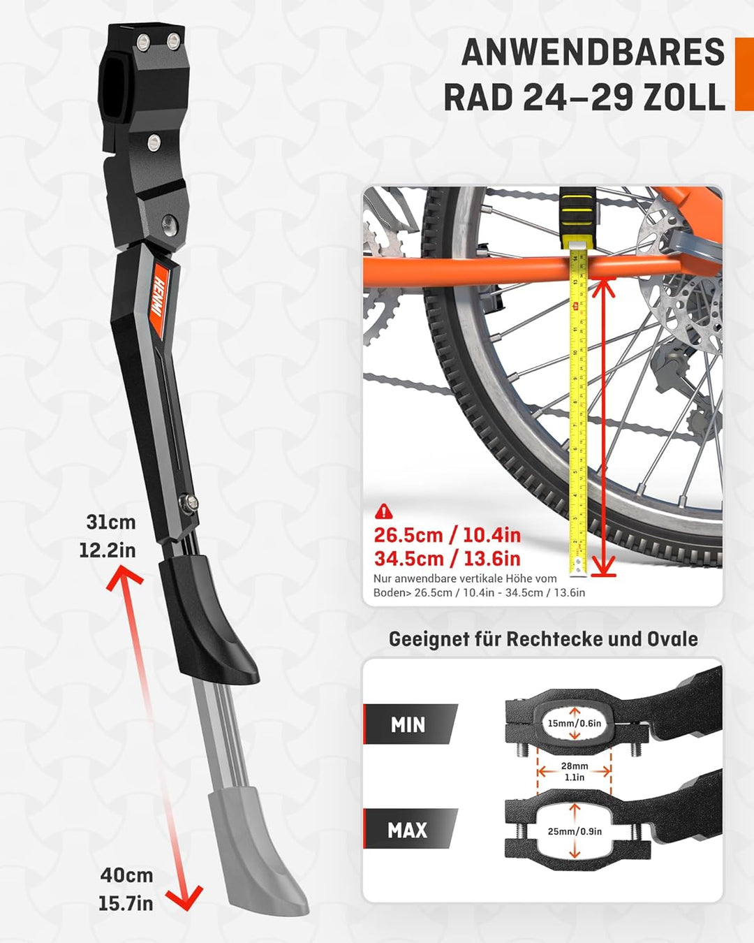 HENMI Fahrradständer 24-29 Zoll Plus, Hinterbauständer rutschfest Seitenständer Fahrrad Höhenverstellbar für Mountainbike, Trekkingrad, Rennrad, Cityrad