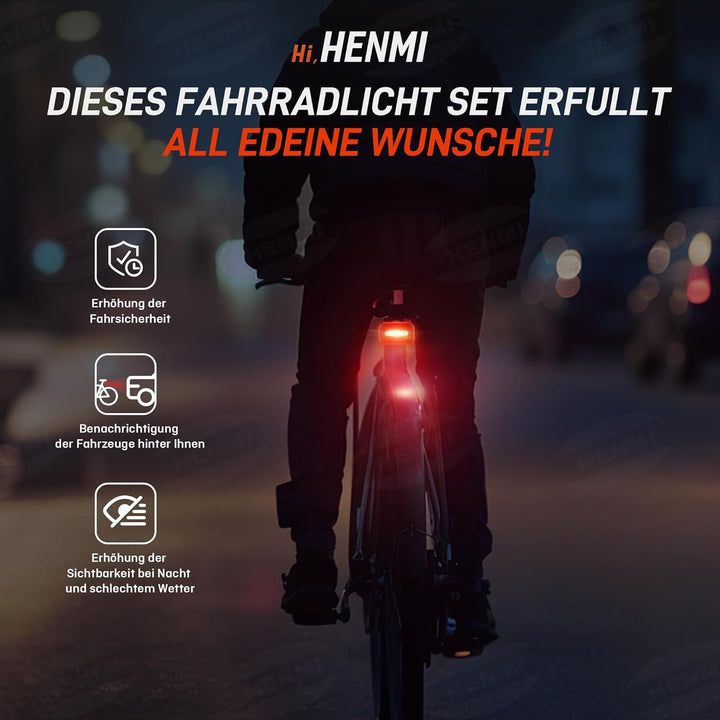 HENMI LED Fahrradleuchten Set, USB Aufladbar Fahrradlicht LED Set,Stvzo Zugelassen Fahrradlicht Vorne und Rücklicht Fahrrad,IPX5 Wasserdicht