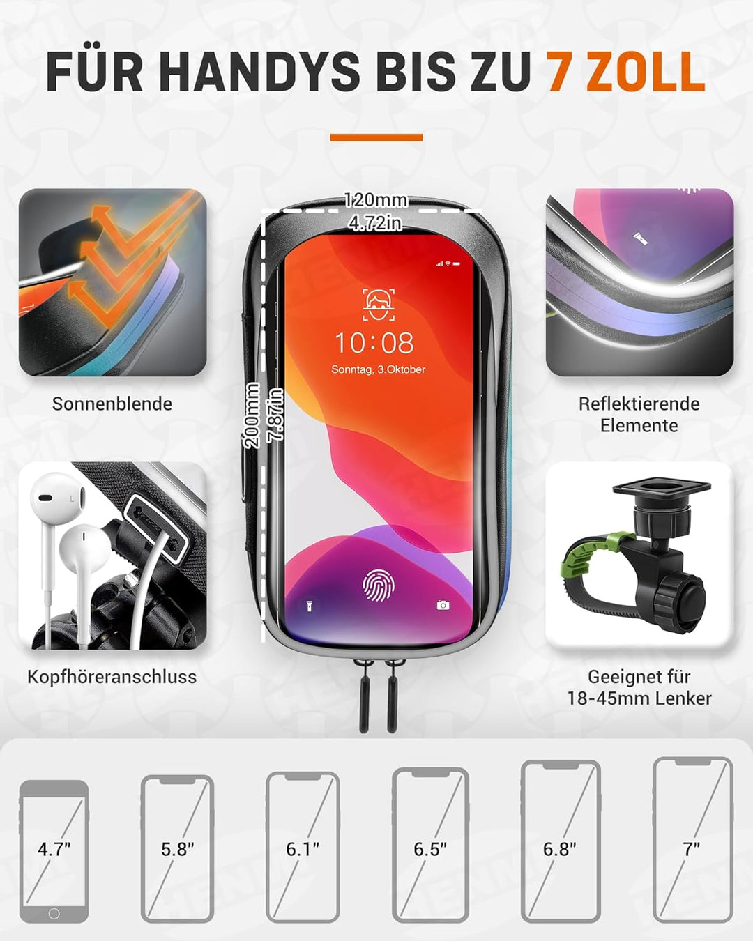 HENMI Handyhalterung Fahrrad Wasserdicht Tasche für 4.7-7 Zoll Smartphone Handytasche Fahrrad mit Regenschutz 360°Drehbarem Fahrradtasche Handy für Rennrad, Ebikes, Motorrad