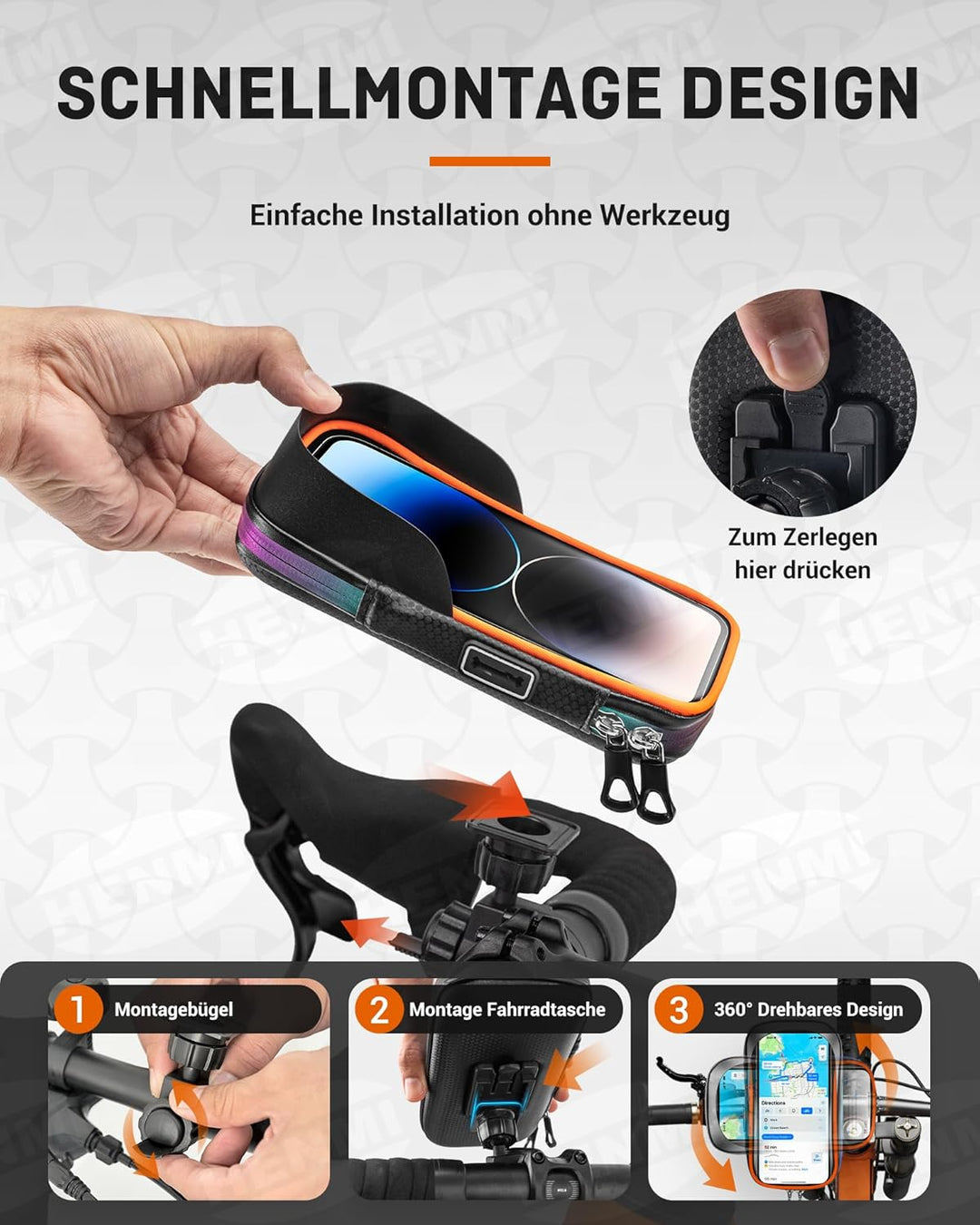 HENMI Handyhalterung Fahrrad Wasserdicht Tasche für 4.7-7 Zoll Smartphone Handytasche Fahrrad mit Regenschutz 360°Drehbarem Fahrradtasche Handy für Rennrad, Ebikes, Motorrad