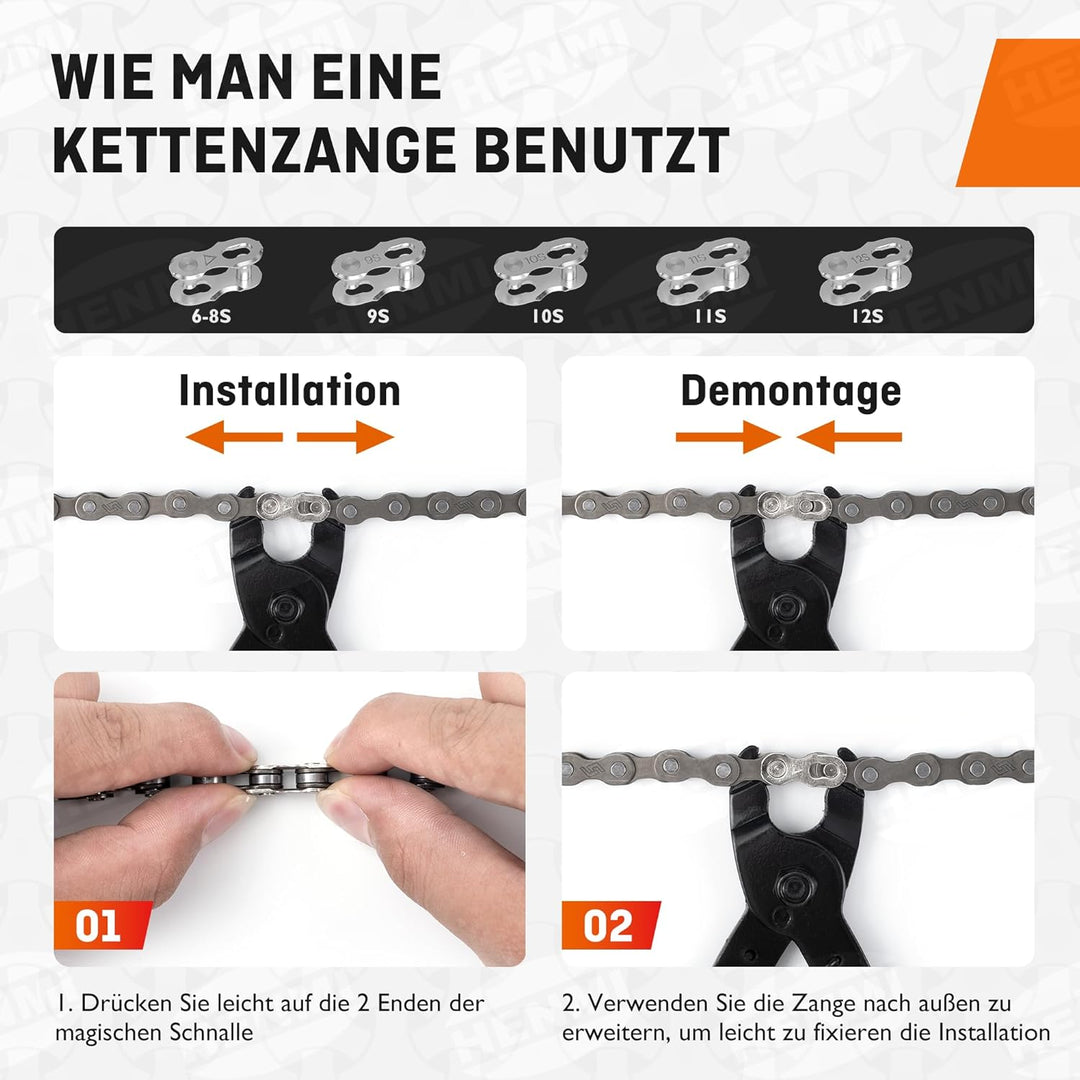 HENMI Kettennieter Fahrrad mit Fahrrad Reinigungsbürste, Kettenzange, Kettenschloss Zange und 5 Paar Fahrradketten Nieten Fahrradkette Reparatur Set für 6-12 Fach Fahrradkette