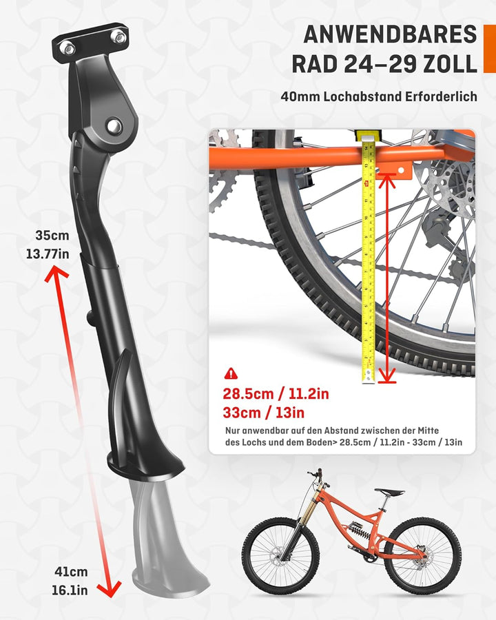 HENMI Fahrradständer 24-29 Zoll Pro+, Fahrradständer mit 4 Löchern, 20mm oder 40mm Lochabstand, M5 Schraube Schraubenöffnung 5mm, Stabil Seitenständer für E-Bike, MTB