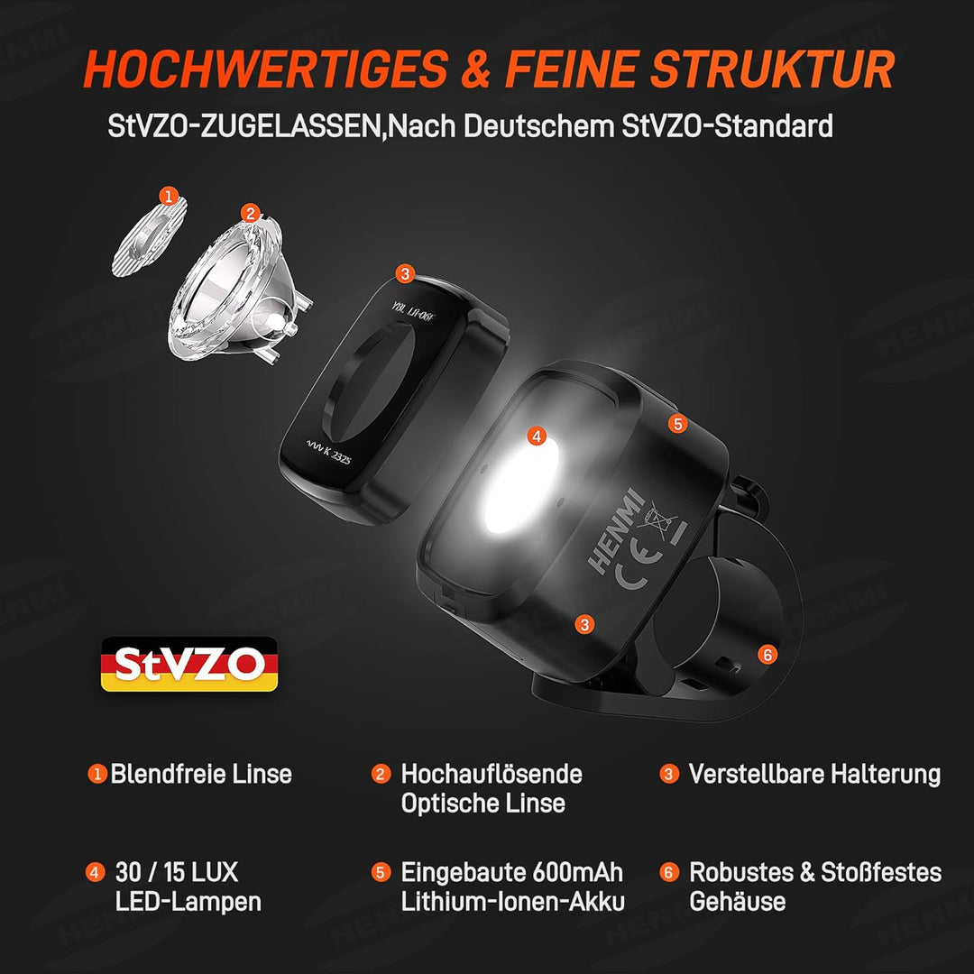 HENMI LED Fahrradlicht vorne, StVZO-zugelassen Fahrradbeleuchtung, USB Aufladbar Fahrrad Frontlicht, IPX5 Wasserdicht Fahrradlampe(mit/ohne Fahrrad Reflektoren)