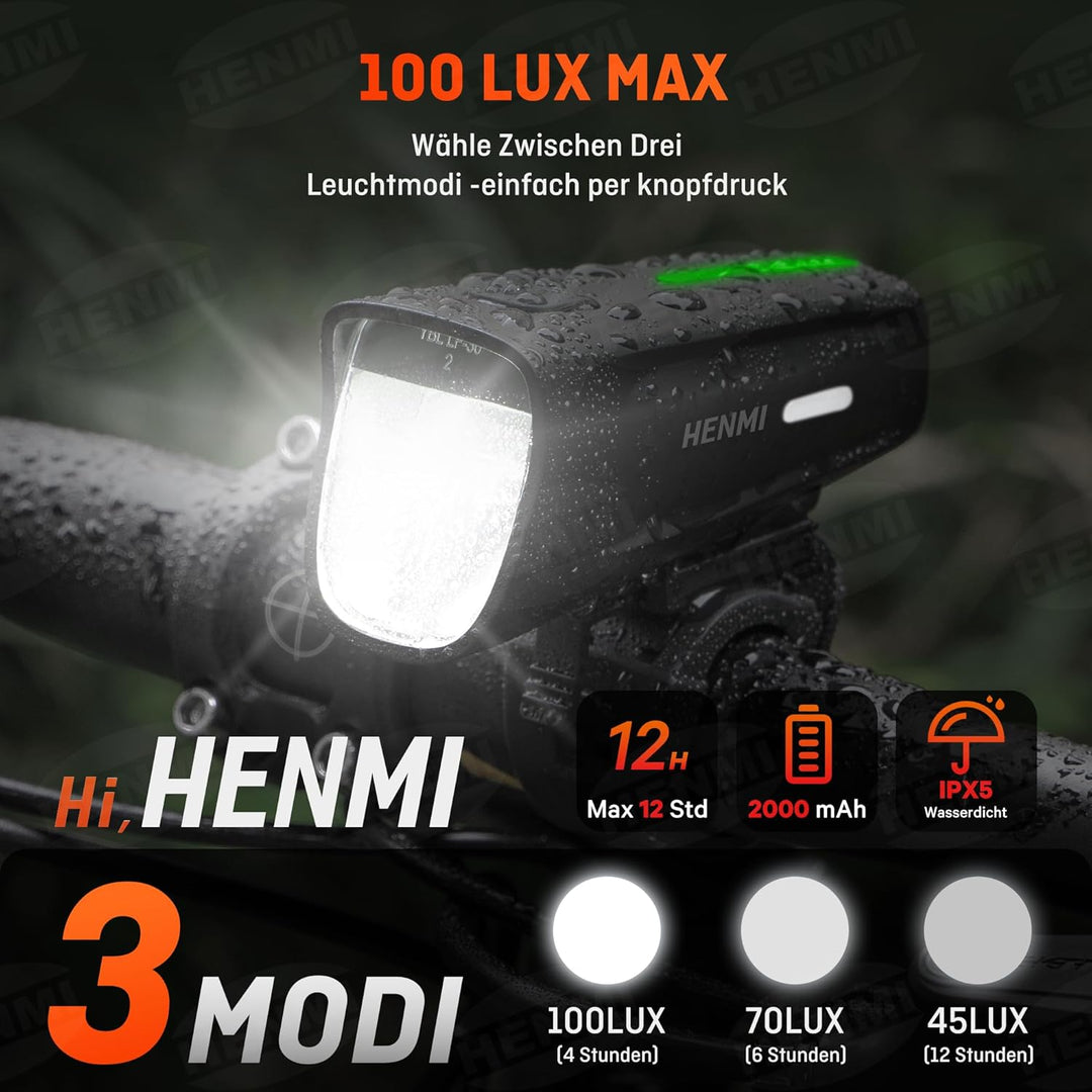 HENMI LED Fahrradlicht Vorne, StVZO Zugelassen Fahrradlampe Vorne, USB Aufladbar Fahrradbeleuchtung mit Batterie Aufforderung Schwach und 2/3 Beleuchtungsmodi,IPX5 Wasserdicht und Keine Blendu