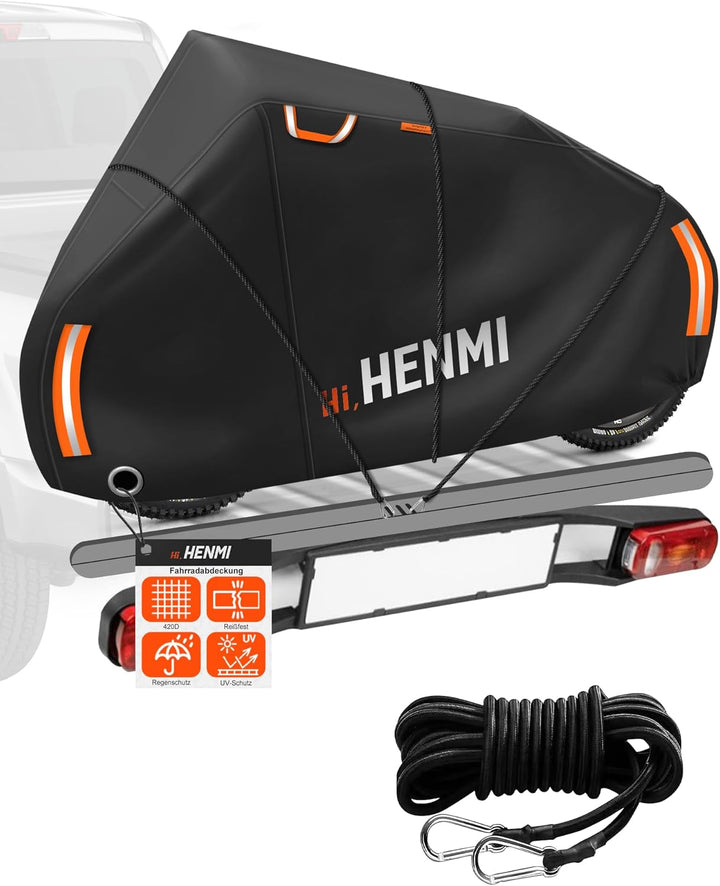 HENMI Fahrradschutzhülle für Heckträger, 420D Oxford-Gewebe Fahrradabdeckung Wasserdicht mit 3m Seil, UV-Schutz, Reißfest Fahrradhülle für Ebike, Fahrrad Transportschutz (210x110x70 cm)
