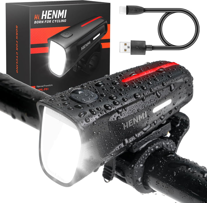HENMI LED Fahrradlicht Vorne 100 LUX,Fahrradbeleuchtung stvzo zugelassen,Fahrradlampe USB Aufladbar mit Batterie Aufforderung schwach und 3 Leuchtmodi,IPX5 Wasserdicht und Blendfreies Design