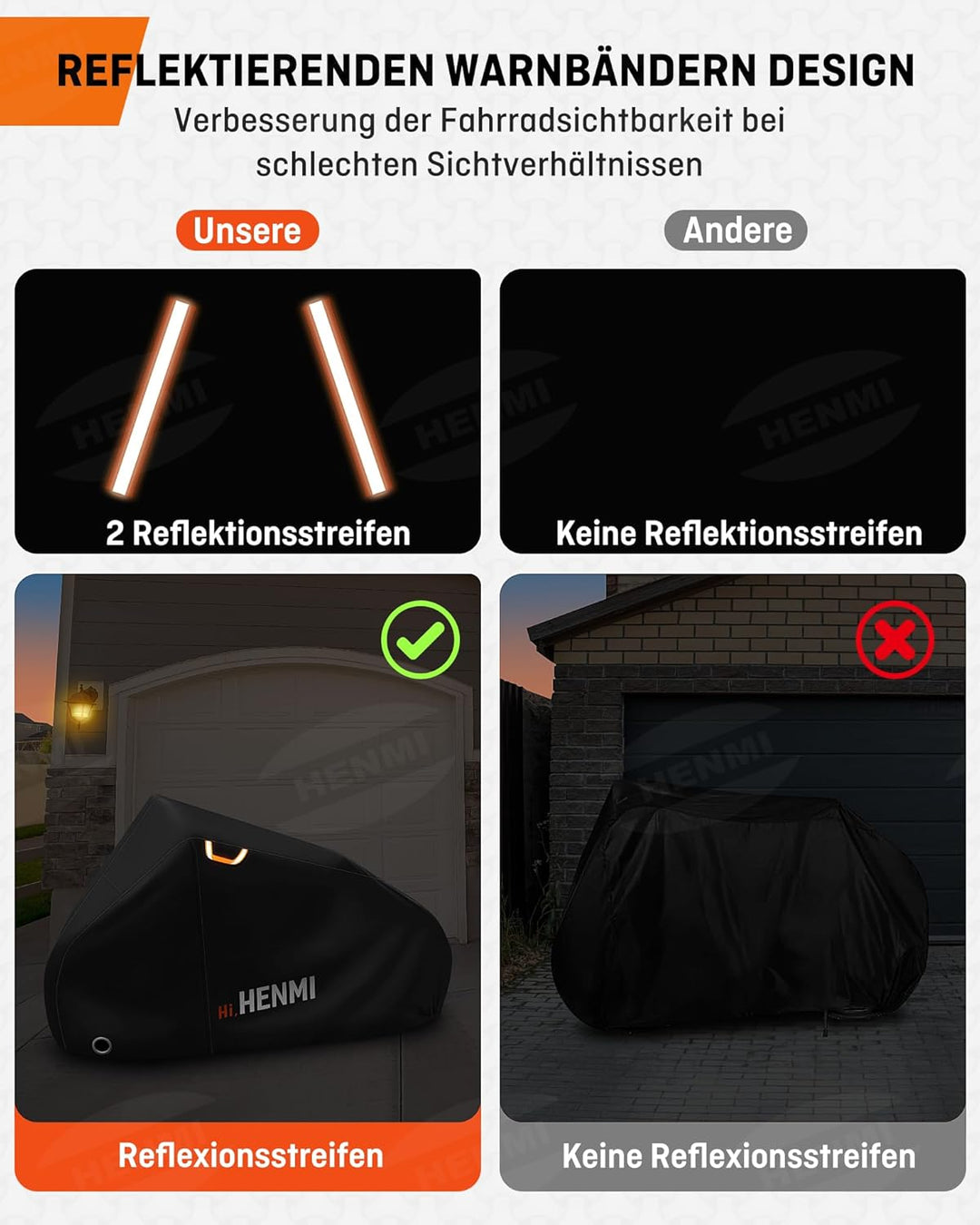 HENMI Fahrradabdeckung Wasserdicht 420D, Fahrradgarage Wetterfest mit Aufbewahrungstasche, UV-Schutz, Reißfest, Schlossösen Fahrradplane für E-bike, Holzpferd, Roller Motorroller (210x110x70 cm)
