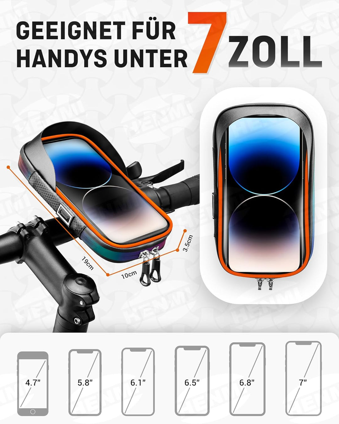 HENMI Handyhalterung Fahrrad Wasserdicht Tasche für 4.7-7 Zoll Smartphone Handytasche Fahrrad mit Regenschutz 360°Drehbarem Fahrradtasche Handy für Rennrad, Ebikes, Motorrad