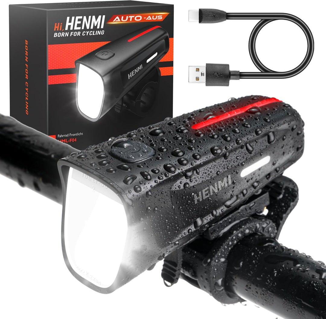 HENMI LED Fahrradlicht Vorne, StVZO Zugelassen Fahrradlampe Vorne, USB Aufladbar Fahrradbeleuchtung mit Batterie Aufforderung Schwach und 2/3