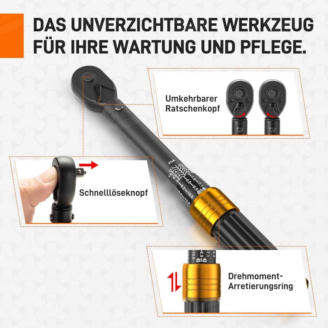HENMI Drehmomentschlüssel Fahrrad 2-24 Nm, Drehmomentschlüssel 1/4 Zoll für Fahrrad & Motorrad, Torque Wrench Set mit 72 Zähne Ratsche, ±3% Fehlergenauigkeit, Inklusive 13 Bits & Verlängerungsstange