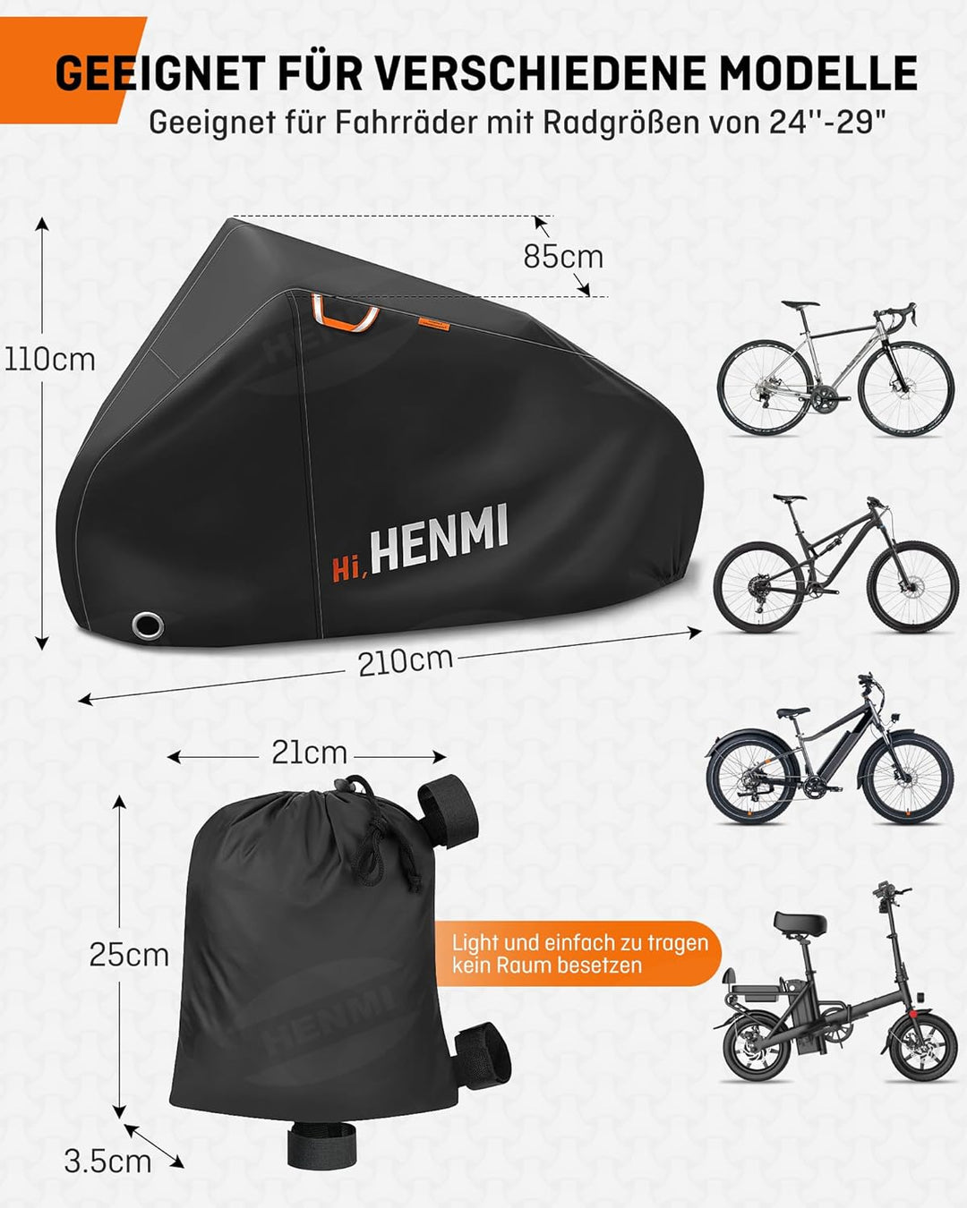 HENMI Fahrradabdeckung für 2 Fahrräder Wasserdicht 420D, Fahrradgarage Wetterfest mit Aufbewahrungstasche, UV-Schutz, Reißfest, Fahrradplane für E-bike, Holzpferd, Roller Motorroller (210x110x85 cm)