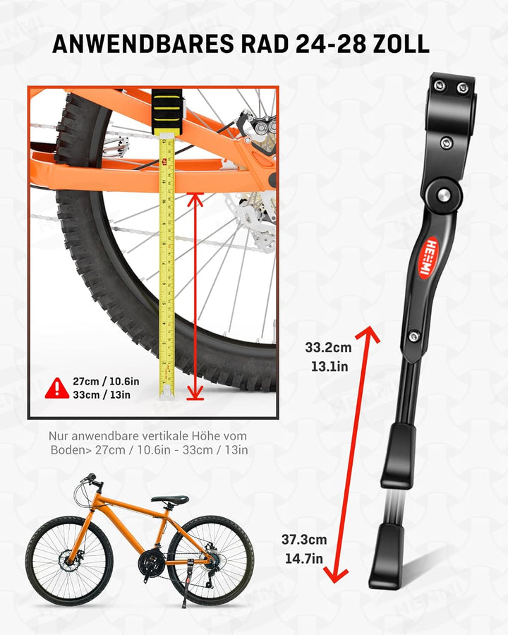 HENMI Fahrradständer 24-28 Zoll, 4 cm Höhenverstellbar und Universal Seitenständer, Dauerhaft Bike Stand gemacht durch Aluminiumlegierung