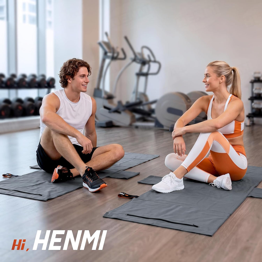 HENMI Fitness Handtuch Mikrofaser 131*50 cm Kompakt & schnelltrocknend, Reißverschluss, Seitentaschen, atmungsaktiver Netzbeutel – ideal fürs Fitnessstudio