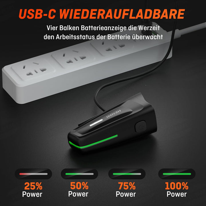 HENMI LED Fahrradlicht Vorne 100 LUX,Fahrradbeleuchtung stvzo zugelassen,Fahrradlampe USB Aufladbar mit Batterie Aufforderung schwach und 3 Leuchtmodi,IPX5 Wasserdicht und Blendfreies Design