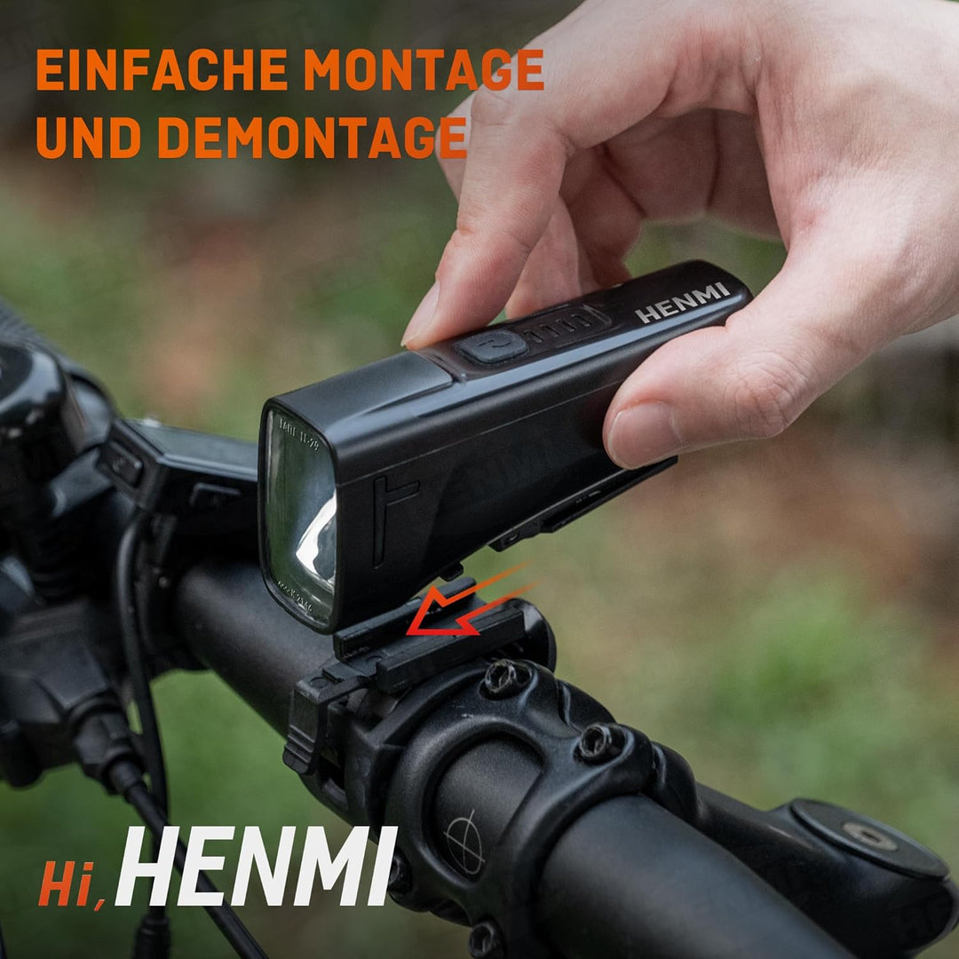HENMI Led Fahrradlicht Vorne Akku 60/15 LUX, StVZO Zugelassen Fahrradlampe Vorne Aufladbar mit Akkuwarnungsfunktion, IPX5 Wasserdicht Fahrrad licht mit USB C Fahrradbeleuchtung