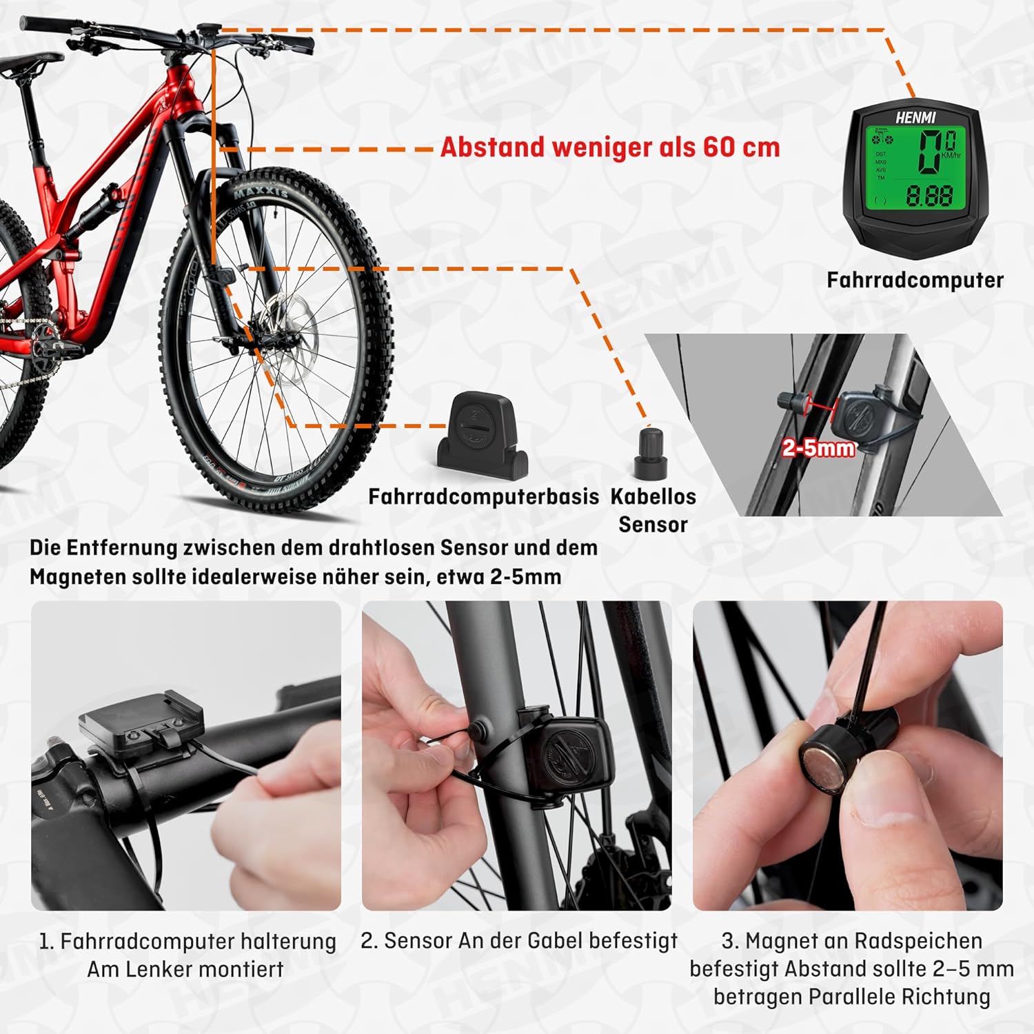 HENMI Fahrradcomputer Kabellos, 24 Funktionen Fahrradtacho Kabellos, I