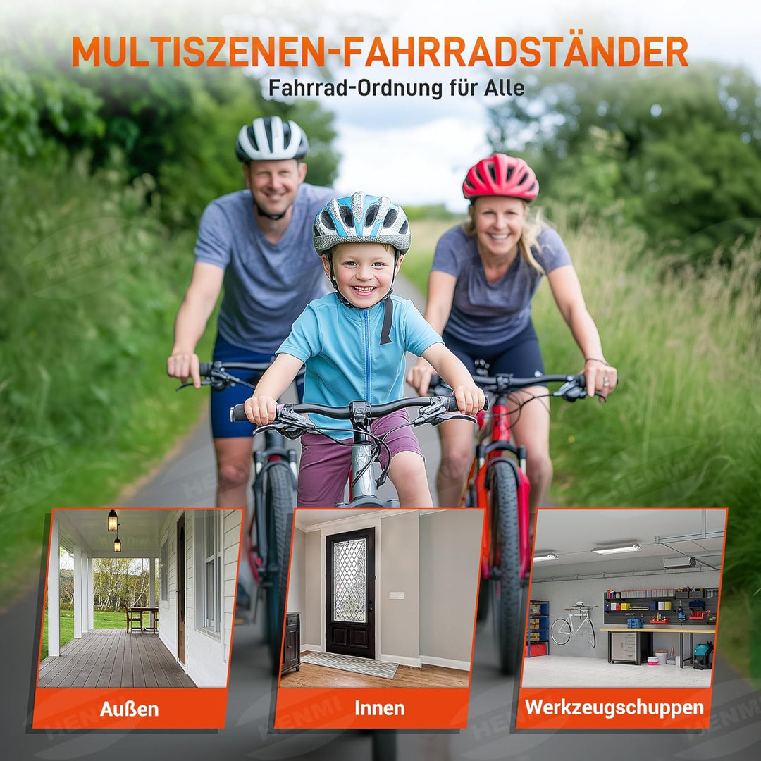 HENMI Fahrradständer mit 3 Fahrrad Ständer Stellplätze, Indoor-Fahrradaufbewahrung, Extra Breiten Korb, 2 Haken, Fahrradträger für Rennrad Ebike Mountainbike Kinderfahrrad