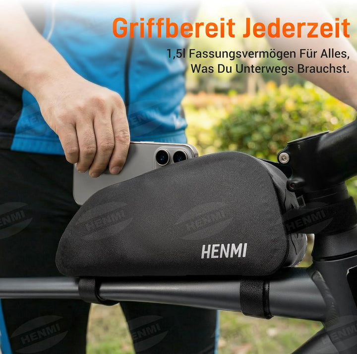 HENMI Oberrohrtasche Fahrrad 1,5 Liter, Fahrrad Rahmentasche Wasserdicht mit Magnetverschluss Oberrohrtasche für E-Bike, Rennrad, MTB