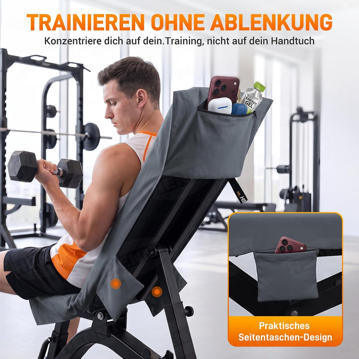 HENMI Fitness Handtuch Mikrofaser 131*50 cm Kompakt & schnelltrocknend, Reißverschluss, Seitentaschen, atmungsaktiver Netzbeutel – ideal fürs Fitnessstudio