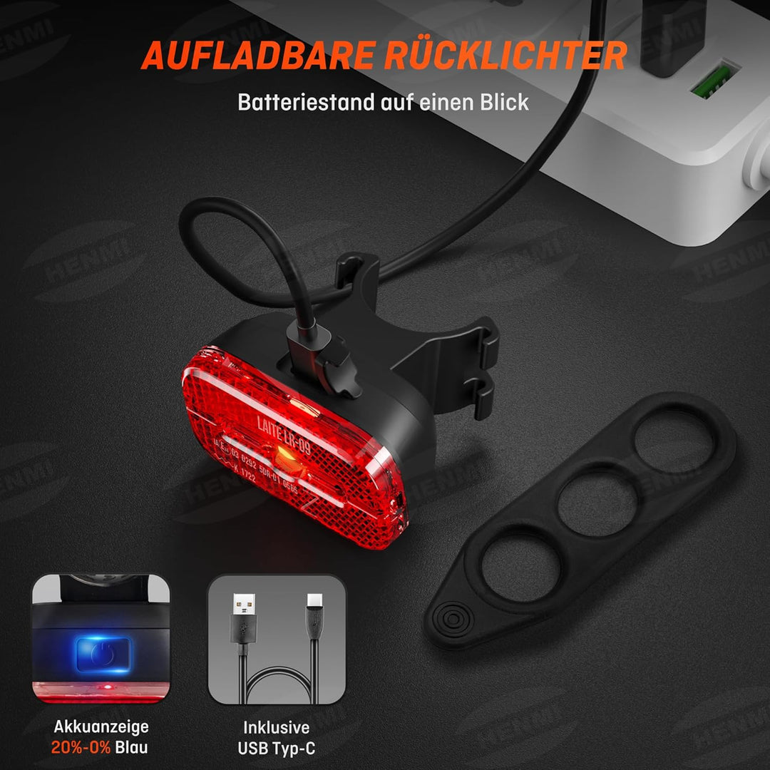HENMI LED Rücklicht Fahrrad, IPX5 Wasserdicht Fahrrad Reflektor Hinten USB-C Aufladbar, StVZO zugelassen Fahrrad rücklicht mit bremslichtt für MTB, E-Bike, Rennrad