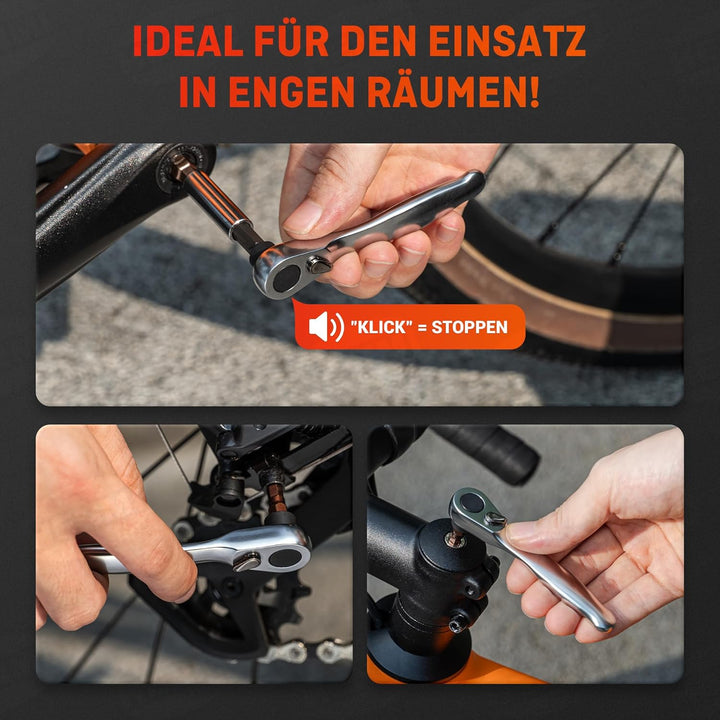 HENMI Klein Fahrrad 1/4" Ratschenschlüssel set,72 Zähne Mini Ratsche,Inklusive 12 Teiliges Schraubwerkzeug Set,1 Verlängerungsstange,2 Reifenheber,Multifunktional Fahrrad werkzeuge,Fahrrad Werkzeugset