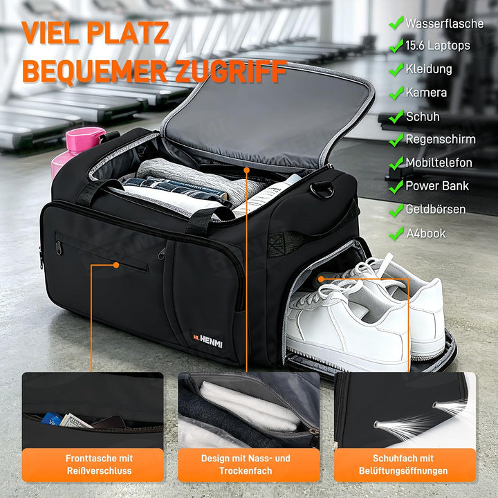 HENMI 43L Sporttasche & Reisetasche für Herren und Damen Groß gymbag mit Schuhfach & Nassfach, Faltbare Gym Tasche für Sport und Travel.Sport Tasche, Fitness Rucksack Trainingstasche
